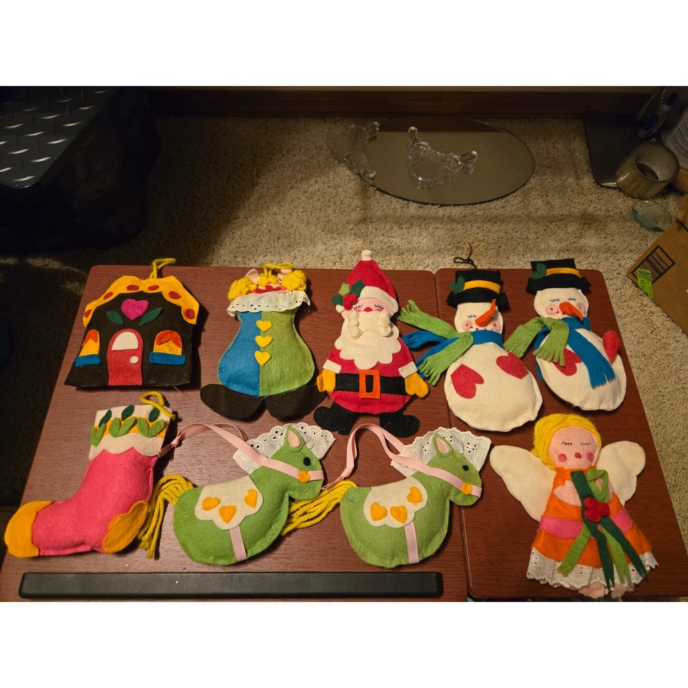 Vintage Handmade Felt Christmasโ Ornaments Set 9pc Santa Snowman Angel Retro